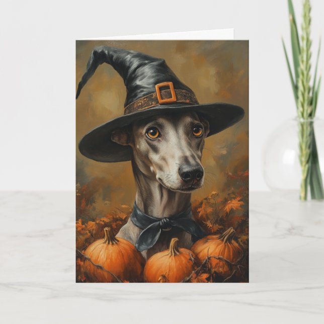 Tarjeta Festiva Bruja Galgo de Halloween (Anverso)