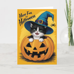 Tarjeta Festiva Bruja Gatito Blanco y Negro Vintage Halloween