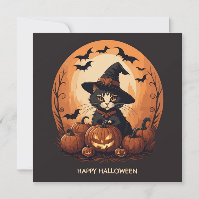 Tarjeta Festiva Bruja gato halloween  (Anverso)