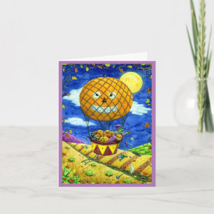 TARJETA FESTIVA BRUJA, GATO NEGRO EN GLOBO AEROSTÁTICO ARTE FOLKLÓ