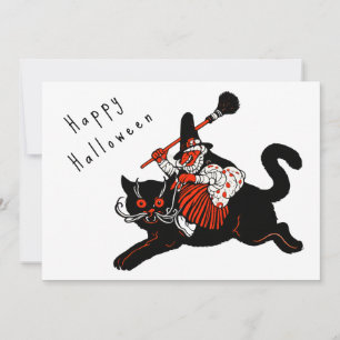 Tarjeta Festiva Bruja Gato Negro Halloween Art Deco Vintage Años 2