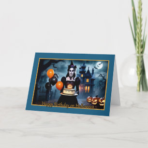 Tarjeta Festiva Bruja Gótica con Tarta - Cumpleaños de Halloween