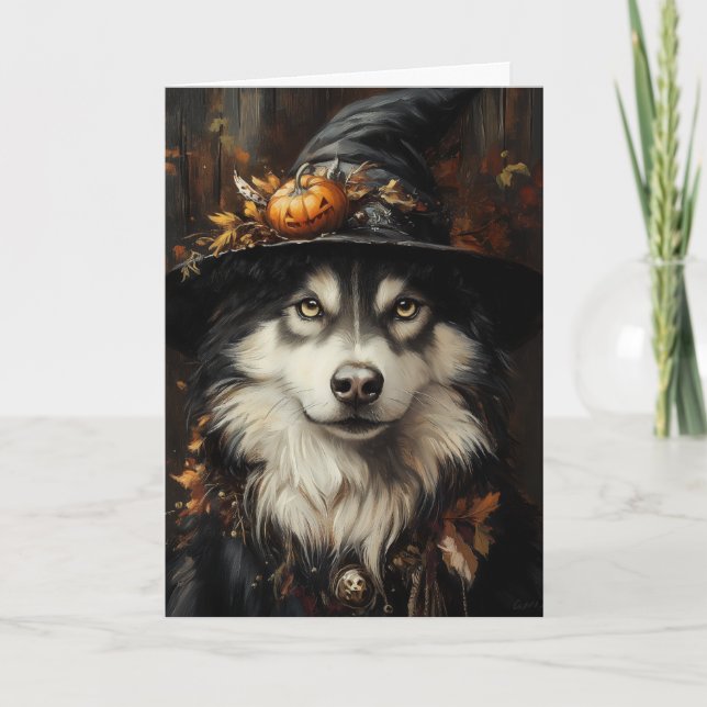 Tarjeta Festiva Bruja Husky Halloween (Anverso)