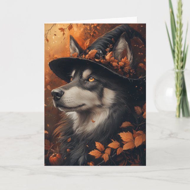 Tarjeta Festiva Bruja Husky Halloween (Anverso)