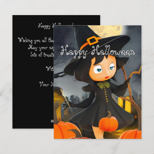 Tarjeta Festiva Bruja linda de Halloween Parche de calabaza de lun