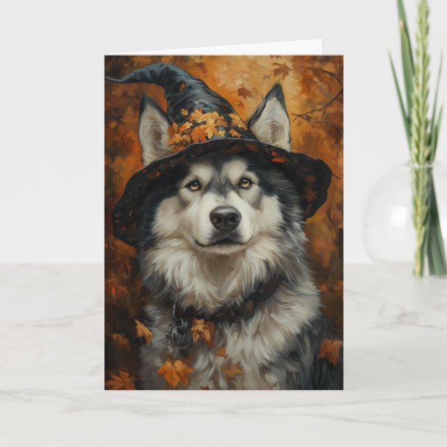 Tarjeta Festiva Bruja Malamute Halloween (Anverso)
