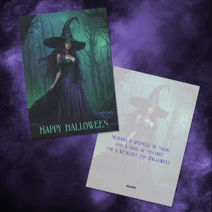 Tarjeta Festiva Bruja malvada de Halloween en morado y negro