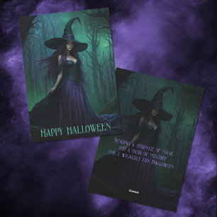 Tarjeta Festiva Bruja malvada de Halloween en morado y negro