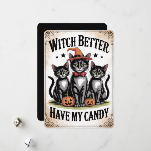 Tarjeta Festiva "Bruja Mejor Tenga Mi Caramelo" Gato Negro Hallowe