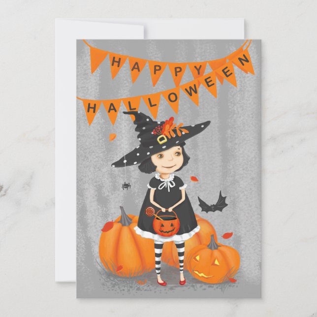 Tarjeta Festiva Bruja Pequeña Linda de Halloween (Anverso)