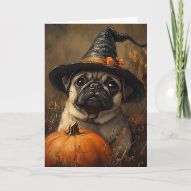 Tarjeta Festiva Bruja Pug Halloween (Anverso)