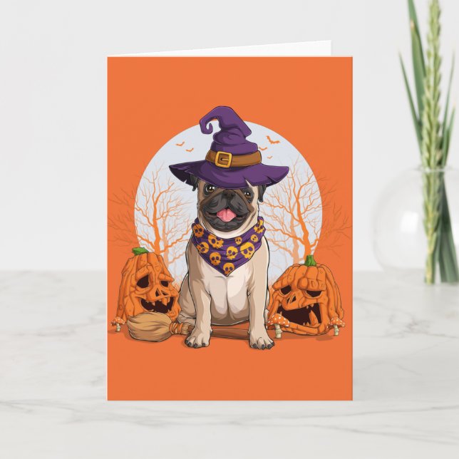 Tarjeta Festiva Bruja Pug Halloween (Anverso)