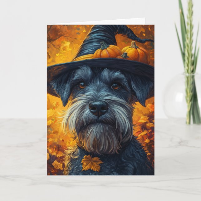 Tarjeta Festiva Bruja Schnauzer Halloween (Anverso)