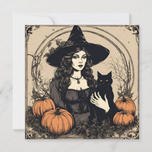Tarjeta Festiva Bruja vintage de Halloween con gato negro, calabaz