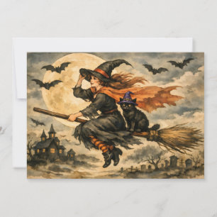 Tarjeta Festiva Bruja vintage de Halloween, gato negro en la escob