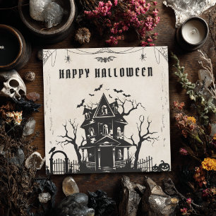 Tarjeta Festiva Bruja vintage en calabazas de casa embrujadas en g