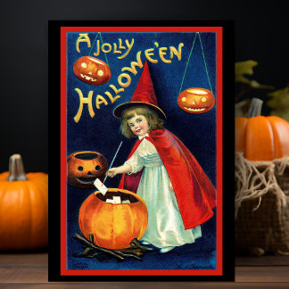 Tarjeta Festiva Bruja Vintage Retro Pequeña Alegre de Halloween Pe