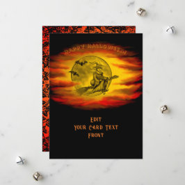 Tarjeta Festiva Bruja voladora con gato negro, noche de halloween