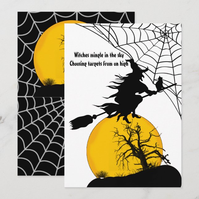 Tarjeta Festiva Bruja voladora Luna llena Cita espeluznante Hallow (Anverso / Reverso)
