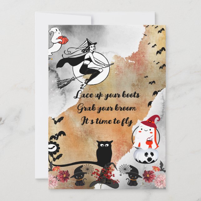 Tarjeta Festiva Bruja Voladora Luna Llena Gatos Negros Tocante Hal (Anverso)