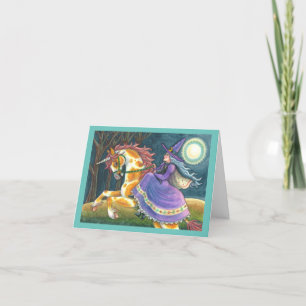 Tarjeta Festiva BRUJA Y UNICORNIO DE HALLOWEEN, GATO NEGRO Caballo