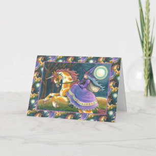 Tarjeta Festiva BRUJA Y UNICORNIO DE HALLOWEEN, GATO NEGRO Caballo