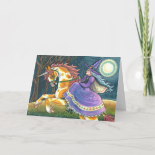 Tarjeta Festiva BRUJA Y UNICORNIO DE HALLOWEEN, GATO NEGRO Caballo