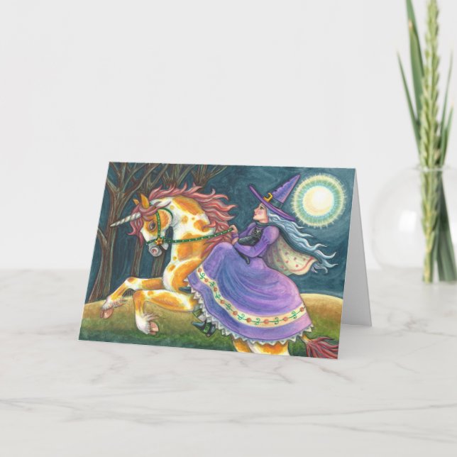 Tarjeta Festiva BRUJA Y UNICORNIO DE HALLOWEEN, GATO NEGRO Caballo (Anverso)