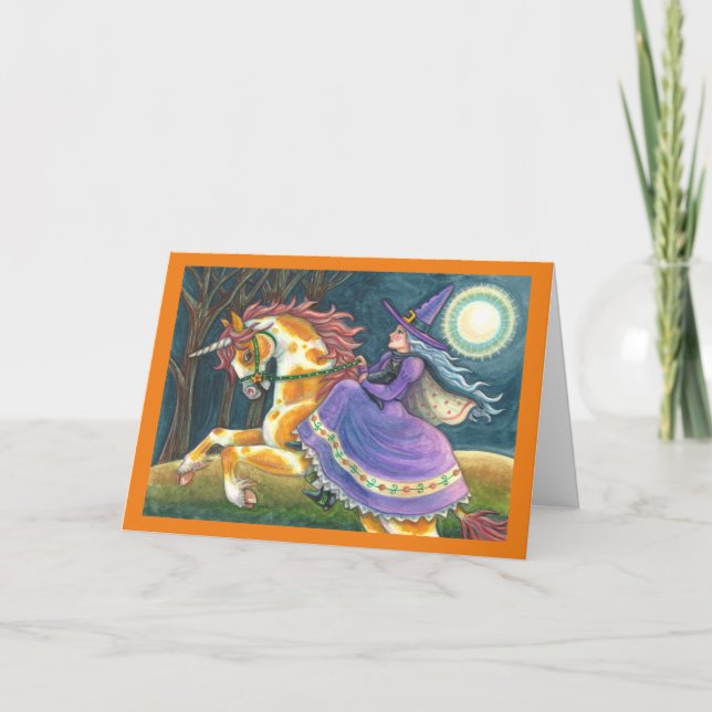 Tarjeta Festiva BRUJA Y UNICORNIO DE HALLOWEEN, GATO NEGRO Caballo (Anverso)