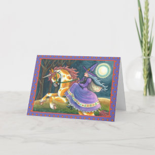 Tarjeta Festiva BRUJA Y UNICORNIO DE HALLOWEEN, GATO NEGRO Caballo