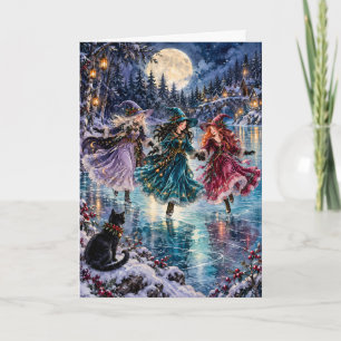 Tarjeta Festiva Brujas caprichosas de patinaje sobre hielo en Cree