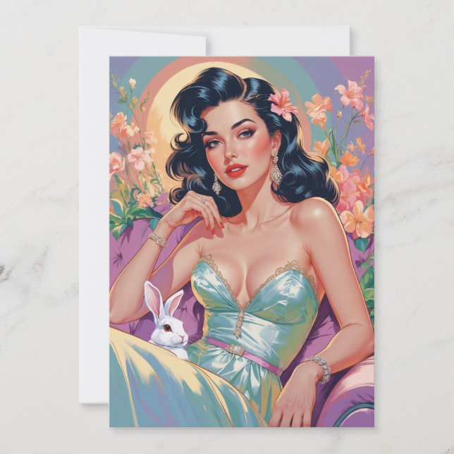 Tarjeta Festiva Brunette Pin-Up con Conejo de Pascua (Anverso)