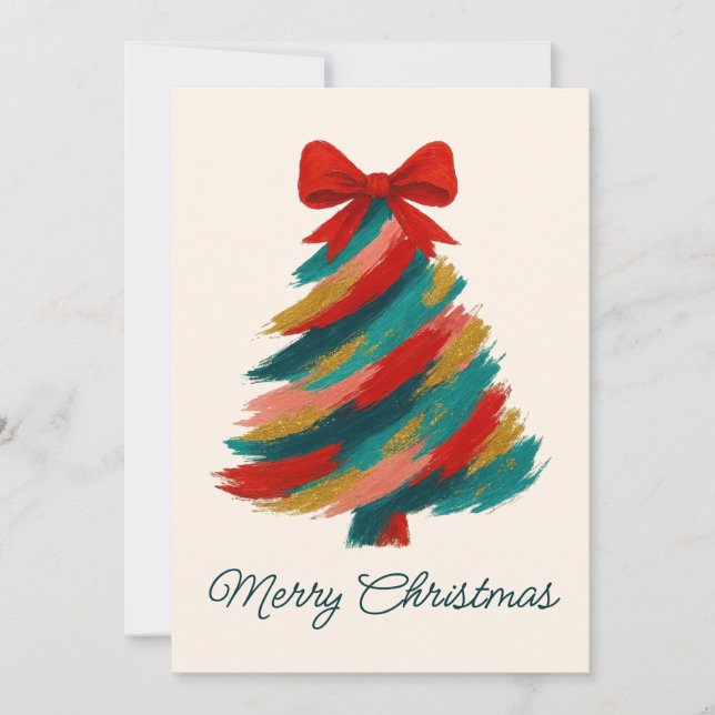 Tarjeta Festiva Brushstroke Christmas Tree Card with Red Bow (Anverso)