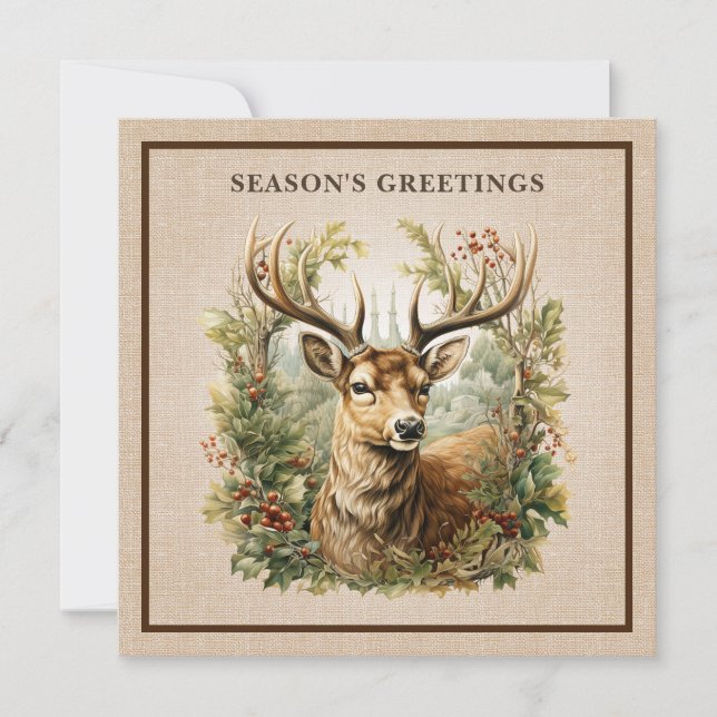 Tarjeta Festiva Buck Deer Rustic Elegant Woodland Burlap Luxury (Anverso)
