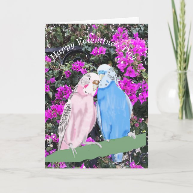 Tarjeta Festiva Budgerigar y Bourganvillia (Anverso)