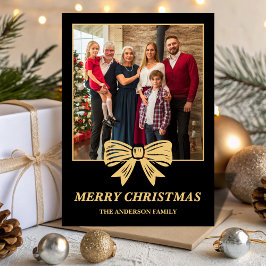 Tarjeta Festiva Budget Black & Gold Bow Family Christmas Photo