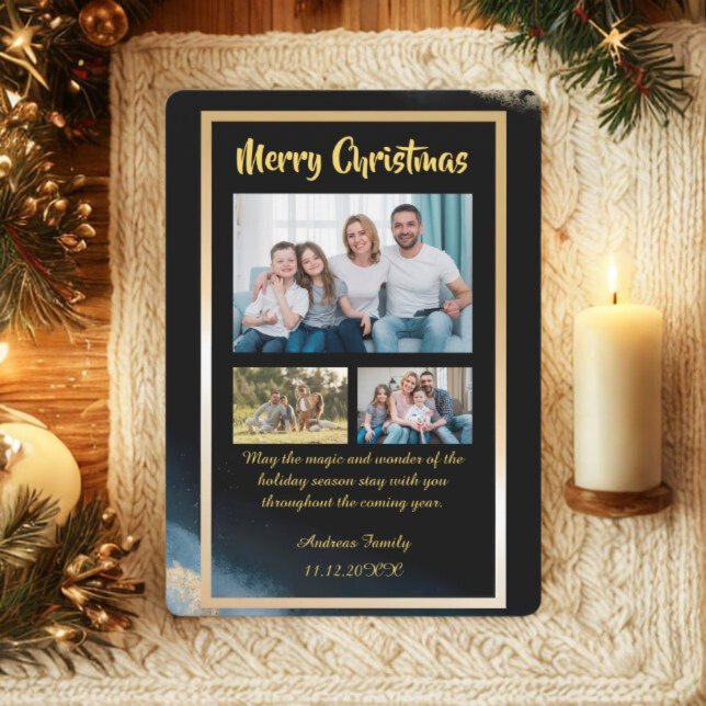 Tarjeta Festiva Budget Gold Black Christmas  3 Photo Holiday Card (Subido por el creador)