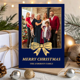 Tarjeta Festiva Budget Navy Blue & Gold Bow Family Christmas Photo