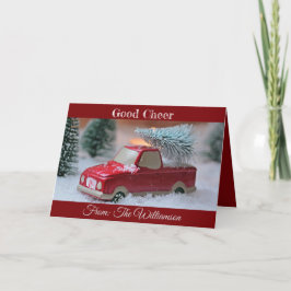 Tarjeta Festiva Buena Salud con Camión y Árbol de Pino arriba