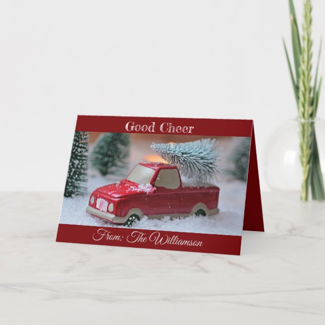 Tarjeta Festiva Buena Salud con Camión y Árbol de Pino arriba (Anverso)