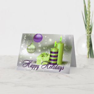 Tarjeta Festiva Buenas fiestas decoraciones verdes púrpuras