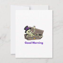 Tarjeta Festiva Buenos días Skeleton en un ataúd en un