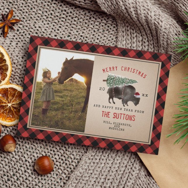 Tarjeta Festiva Búfalo Bison Burlap Foto Rustic Christmas Tree (Subido por el creador)
