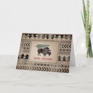 Tarjeta Festiva Búfalo Bison Santa Merry Christmas Tree Burlap