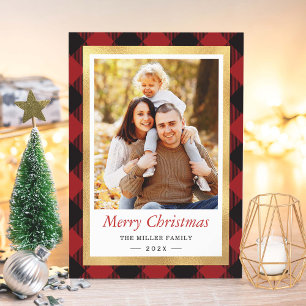 Tarjeta Festiva Búfalo Rojo con marco dorado Fotos navideñas
