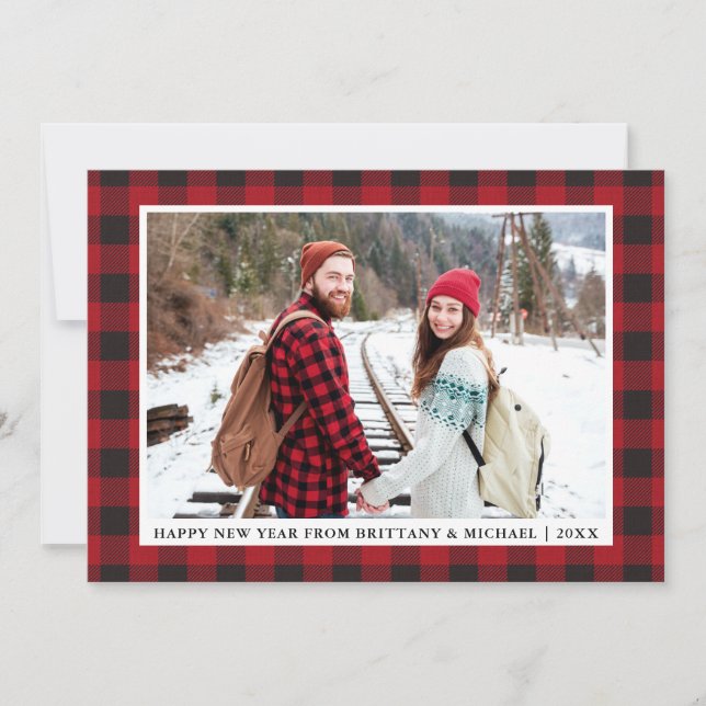 Tarjeta Festiva Búfalo Rojo en foto de Año Nuevo Feliz (Anverso)