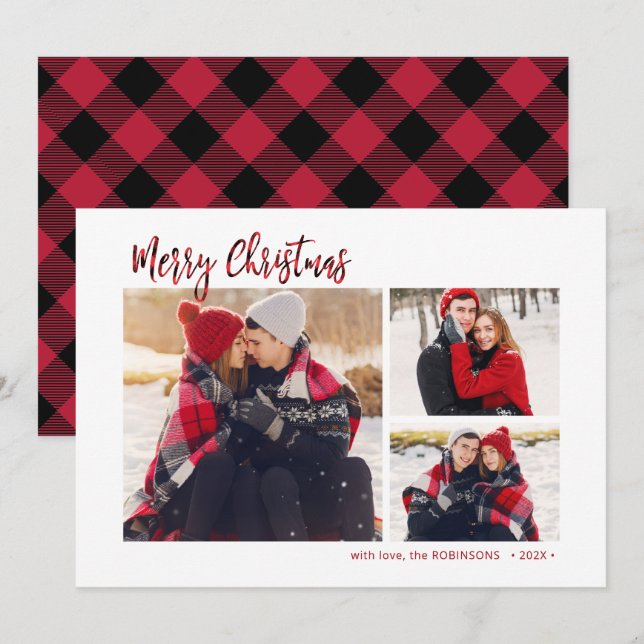 Tarjeta Festiva Búfalo Rojo Rústico 3 Navidades multifotográficos (Anverso / Reverso)