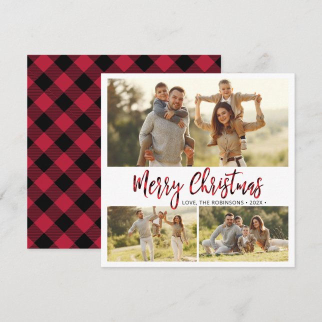 Tarjeta Festiva Búfalo Rojo Simple Tocado 3 Navidades multifotográ (Anverso / Reverso)