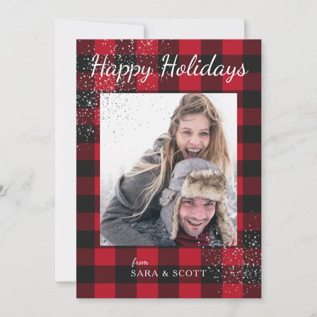 Tarjeta Festiva Búfalo rojo y negro con foto de Felices Fiestas (Anverso)