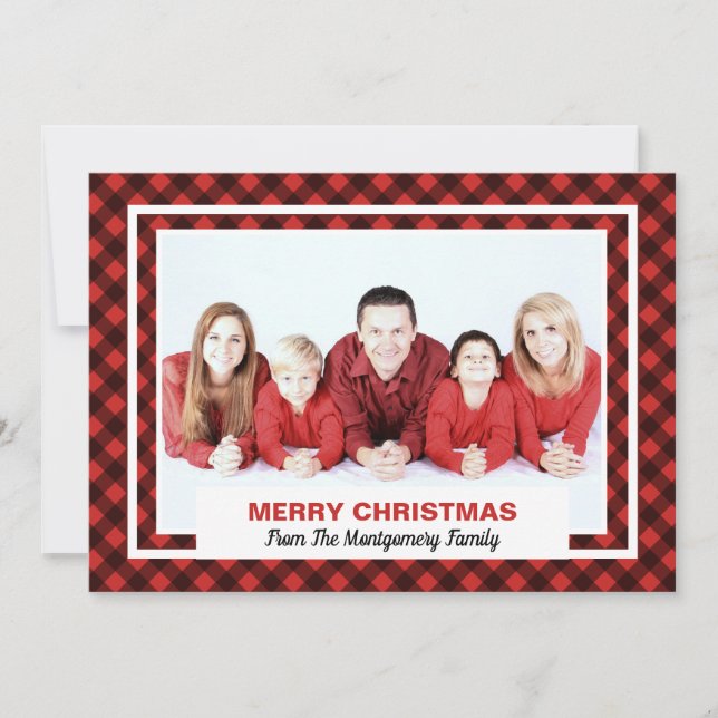 Tarjeta Festiva Búfalo rojo y negro revisa foto navideña (Anverso)